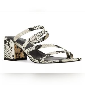 Nine West Mace women's strappy dress sandals in a black and white snake print.